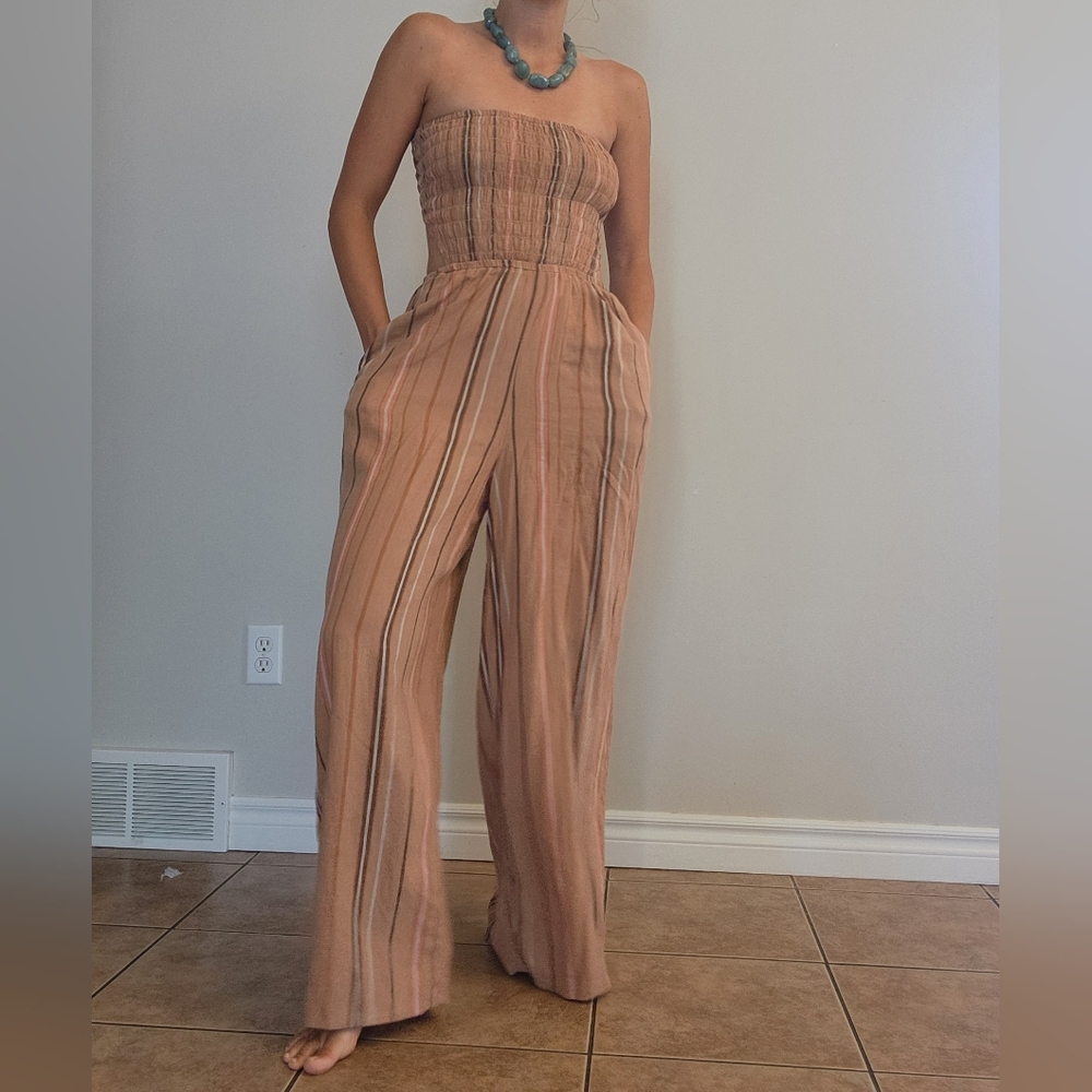 American Eagle Tan and Brown Strapless Jumpsuit